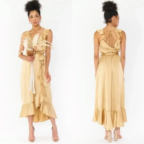 Show Me Your Mumu Samantha Ruffle Wrap Dress True Gold Luxe Satin Small‎ - Picture 2 of 12